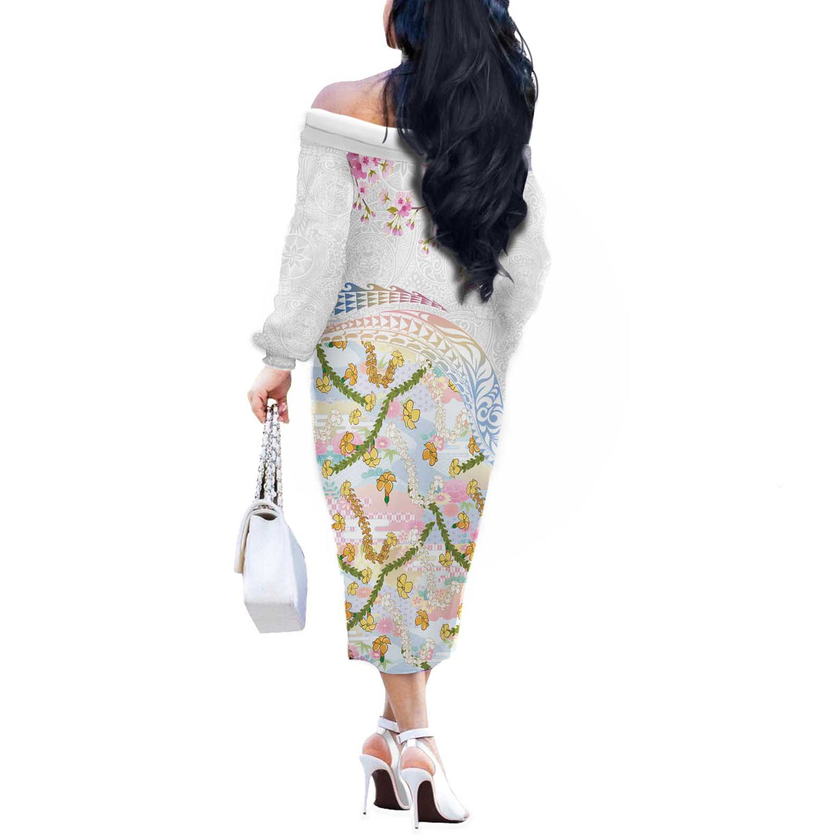 Hawaiian and Japanese Culture Together Off The Shoulder Long Sleeve Dress Tribal Motifs with Lei and Japanese Sakura Pattern