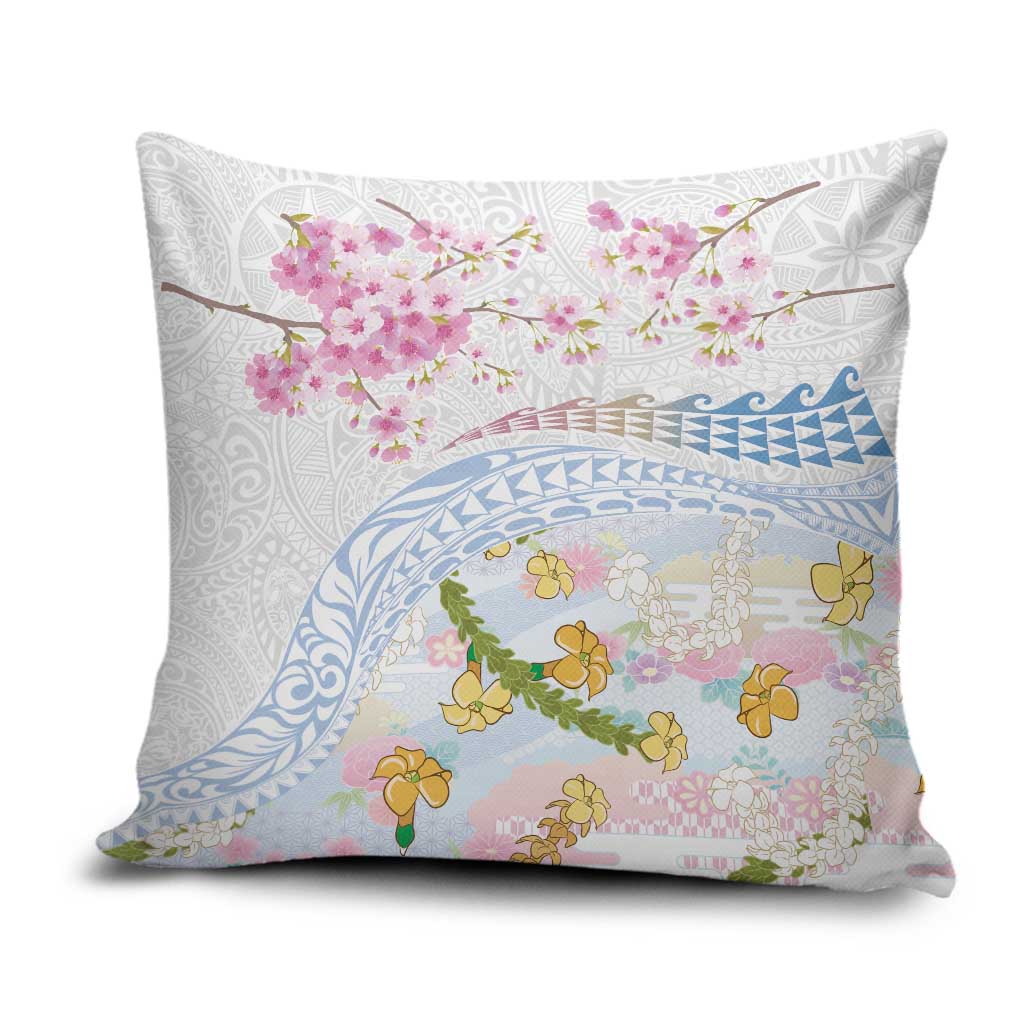 Hawaiian and Japanese Culture Together Pillow Cover Tribal Motifs with Lei and Japanese Sakura Pattern LT03 White - Polynesian Pride