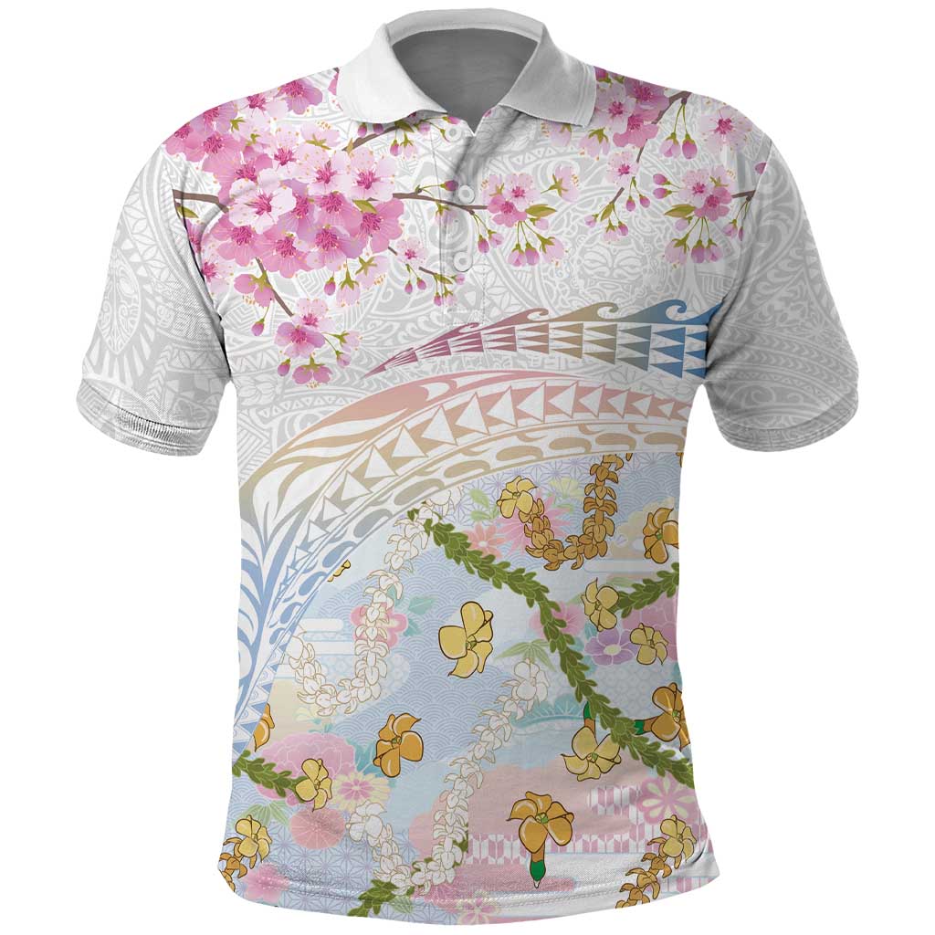 Hawaiian and Japanese Culture Together Polo Shirt Tribal Motifs with Lei and Japanese Sakura Pattern LT03 White - Polynesian Pride