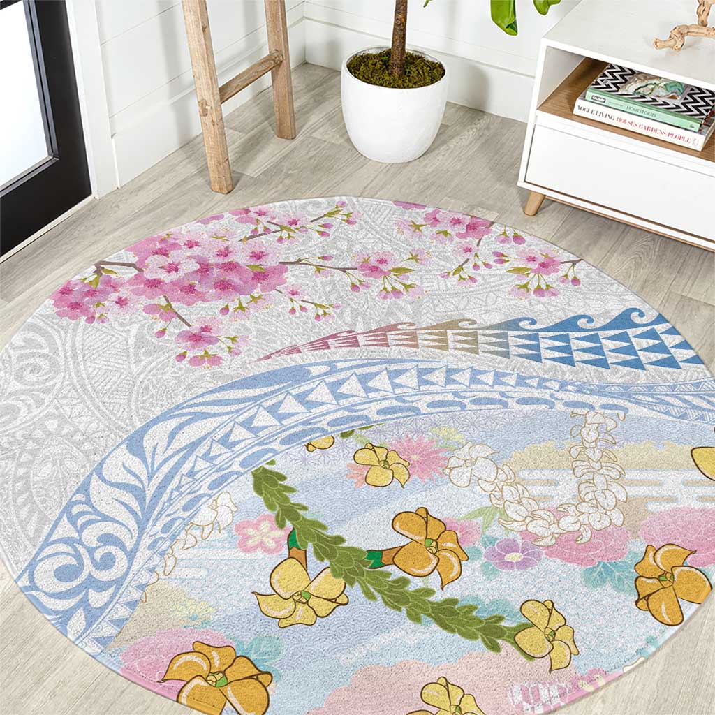 Hawaiian and Japanese Culture Together Round Carpet Tribal Motifs with Lei and Japanese Sakura Pattern LT03 White - Polynesian Pride
