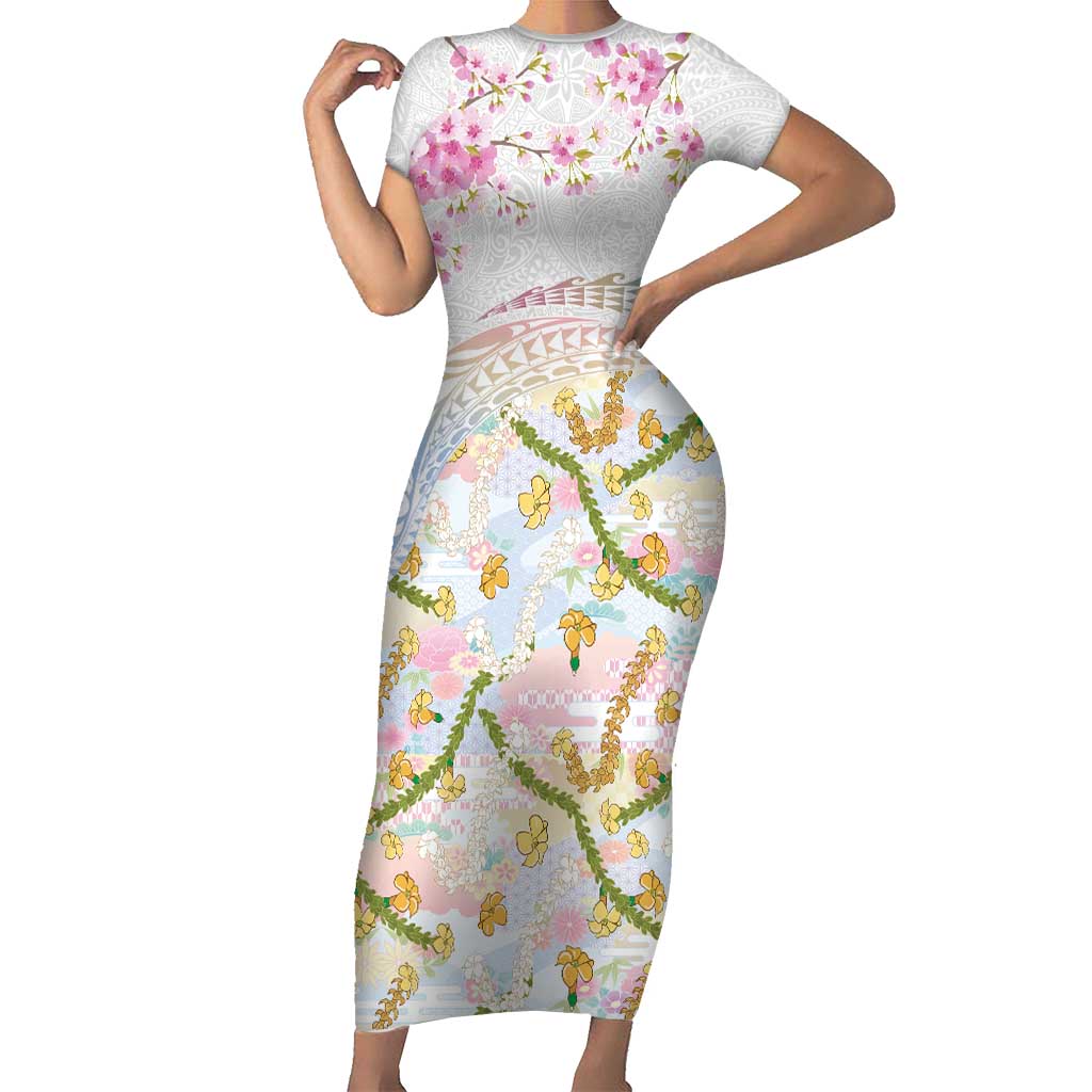 Hawaiian and Japanese Culture Together Short Sleeve Bodycon Dress Tribal Motifs with Lei and Japanese Sakura Pattern