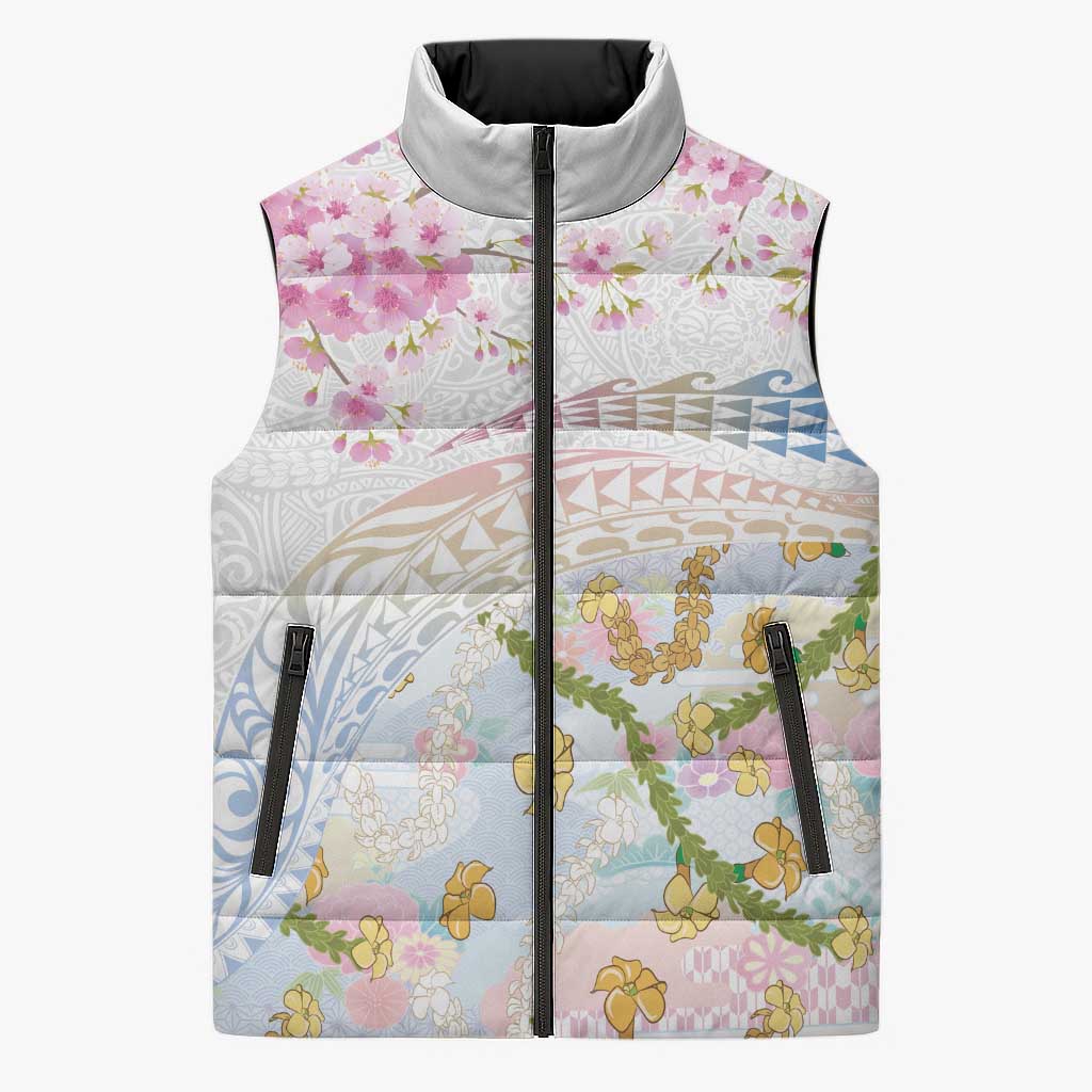 Hawaiian and Japanese Culture Together Sleeveless Puffer Jacket Tribal Motifs with Lei and Japanese Sakura Pattern LT03 Unisex White - Polynesian Pride
