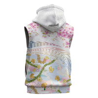 Hawaiian and Japanese Culture Together Sleeveless Zip Hoodie Tribal Motifs with Lei and Japanese Sakura Pattern