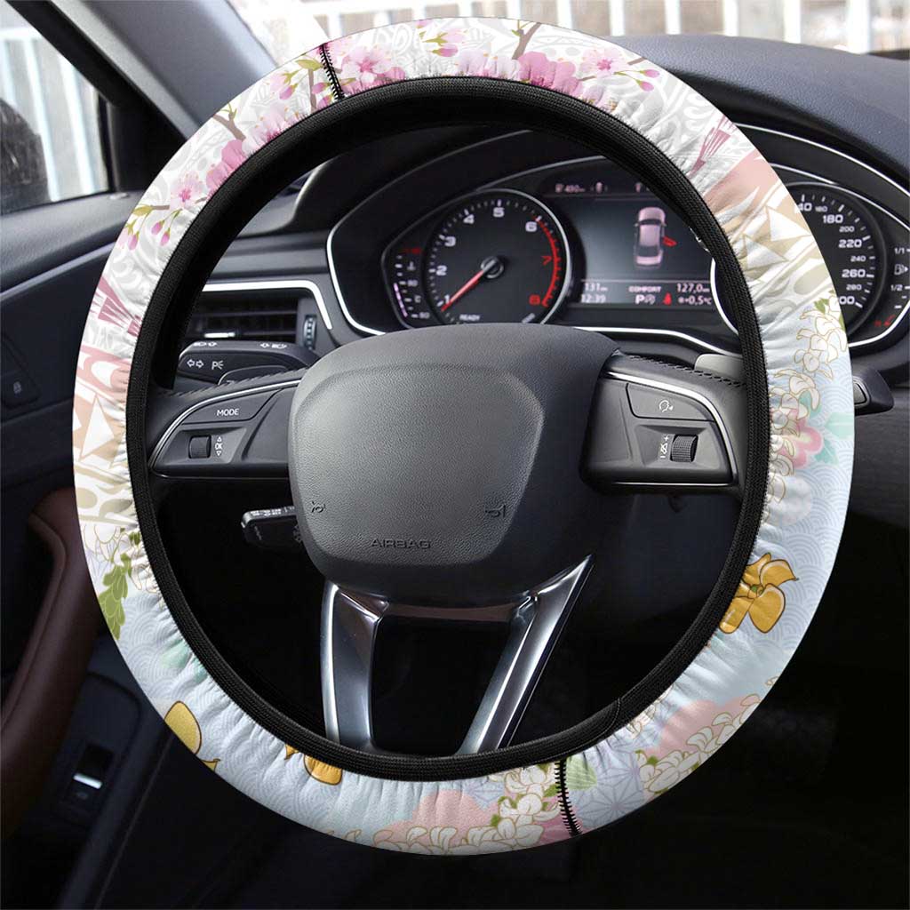 Hawaiian and Japanese Culture Together Steering Wheel Cover Tribal Motifs with Lei and Japanese Sakura Pattern