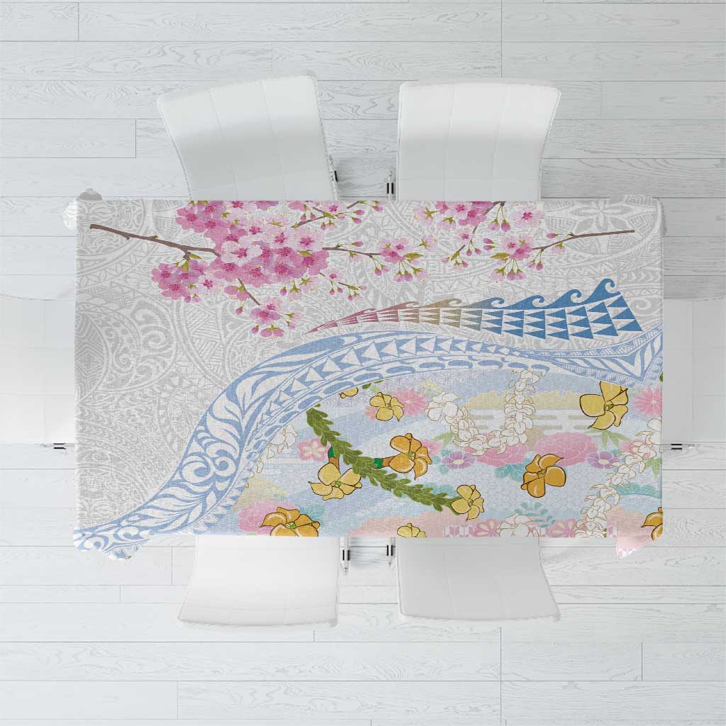 Hawaiian and Japanese Culture Together Tablecloth Tribal Motifs with Lei and Japanese Sakura Pattern LT03 White - Polynesian Pride