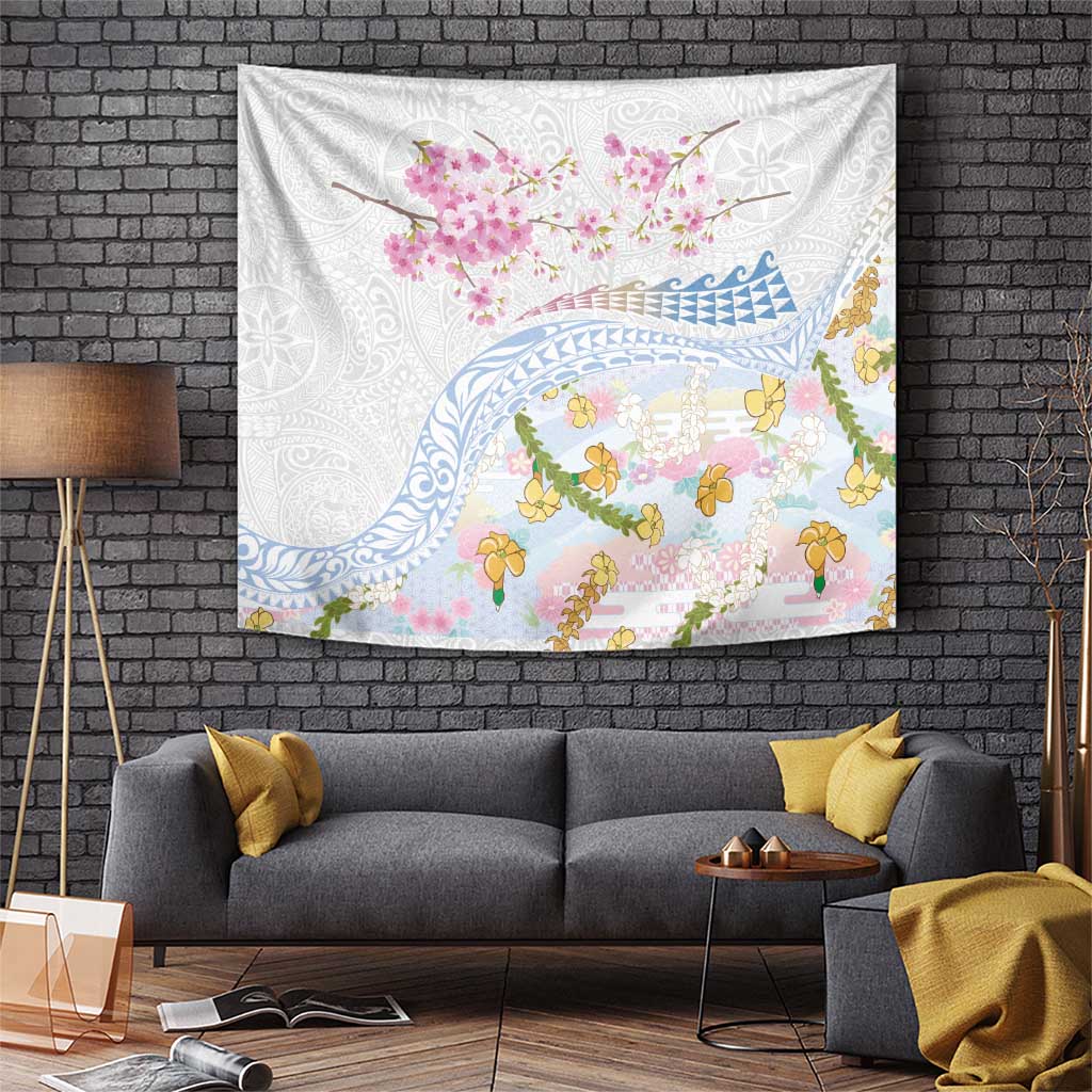 Hawaiian and Japanese Culture Together Tapestry Tribal Motifs with Lei and Japanese Sakura Pattern LT03 White - Polynesian Pride