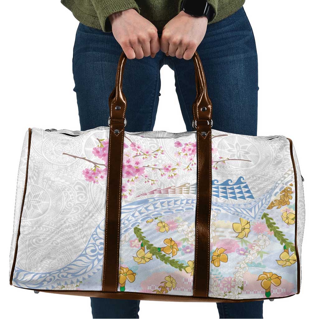 Hawaiian and Japanese Culture Together Travel Bag Tribal Motifs with Lei and Japanese Sakura Pattern
