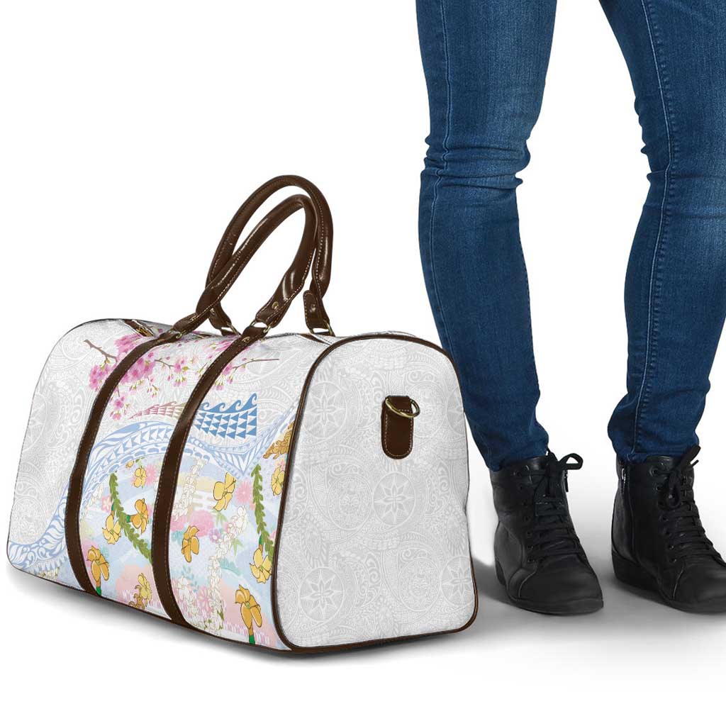 Hawaiian and Japanese Culture Together Travel Bag Tribal Motifs with Lei and Japanese Sakura Pattern
