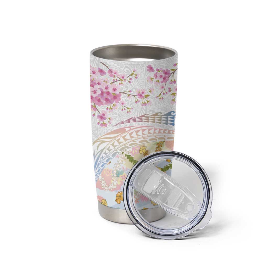 Hawaiian and Japanese Culture Together Tumbler Cup Tribal Motifs with Lei and Japanese Sakura Pattern