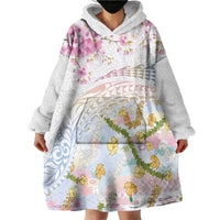Hawaiian and Japanese Culture Together Wearable Blanket Hoodie Tribal Motifs with Lei and Japanese Sakura Pattern