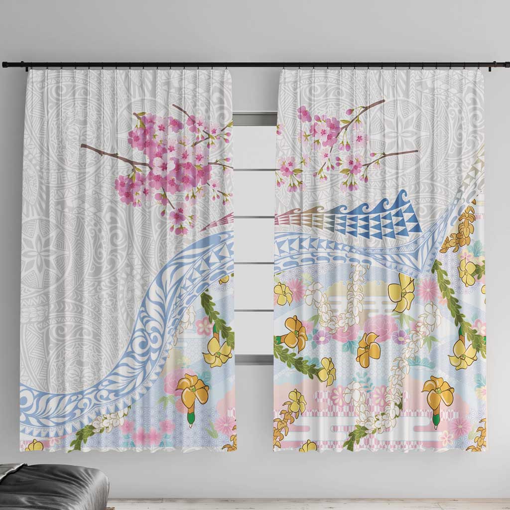 Hawaiian and Japanese Culture Together Window Curtain Tribal Motifs with Lei and Japanese Sakura Pattern LT03 With Hooks White - Polynesian Pride
