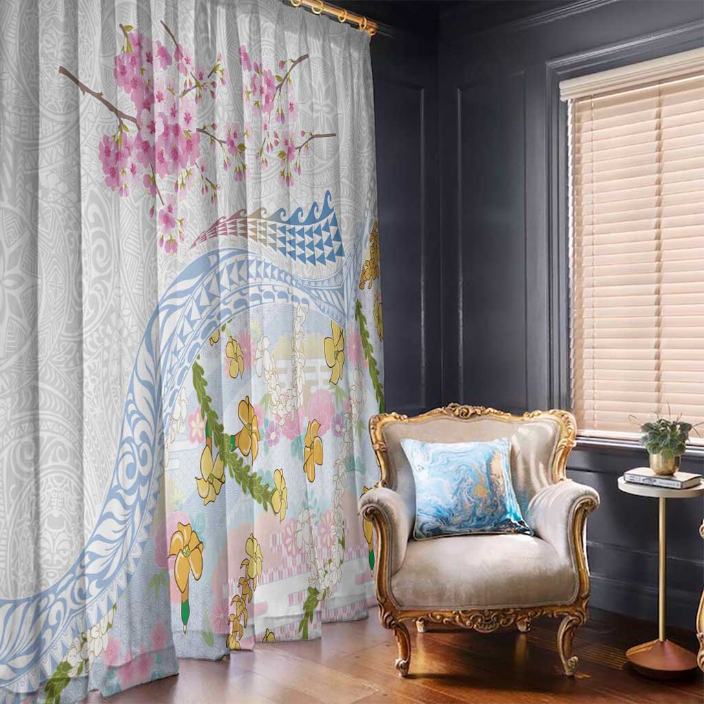 Hawaiian and Japanese Culture Together Window Curtain Tribal Motifs with Lei and Japanese Sakura Pattern