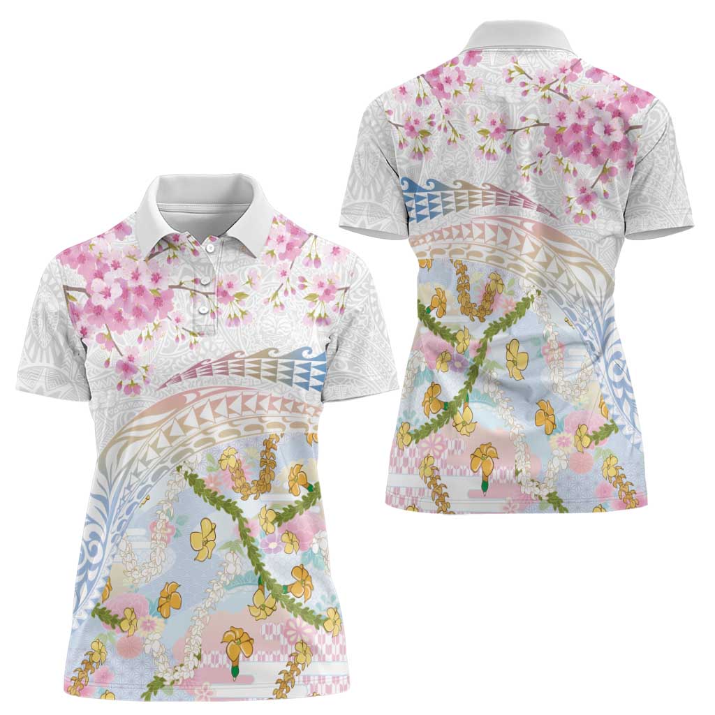 Hawaiian and Japanese Culture Together Women Polo Shirt Tribal Motifs with Lei and Japanese Sakura Pattern