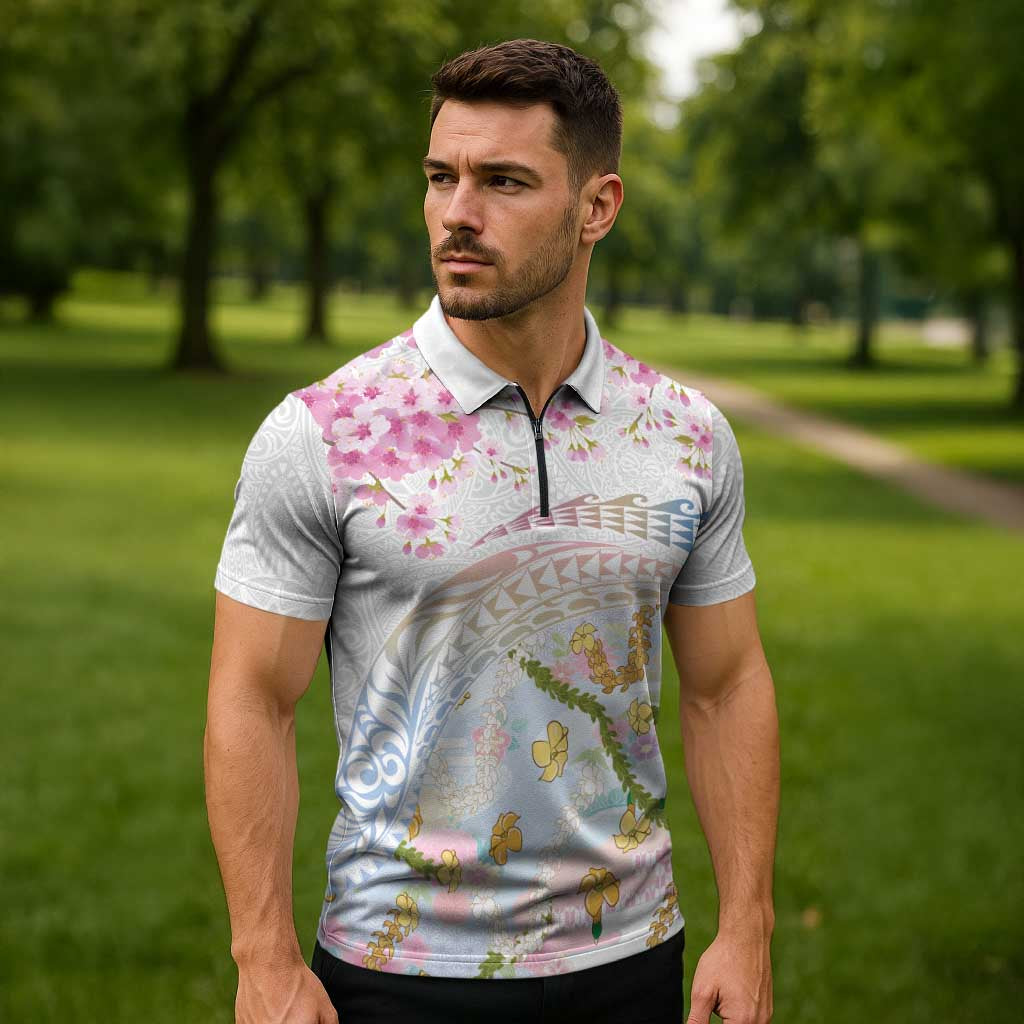 Hawaiian and Japanese Culture Together Zipper Polo Shirt Tribal Motifs with Lei and Japanese Sakura Pattern