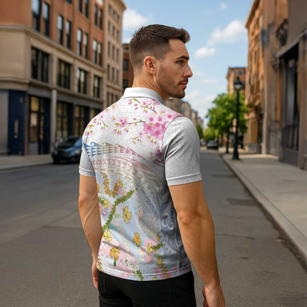 Hawaiian and Japanese Culture Together Zipper Polo Shirt Tribal Motifs with Lei and Japanese Sakura Pattern