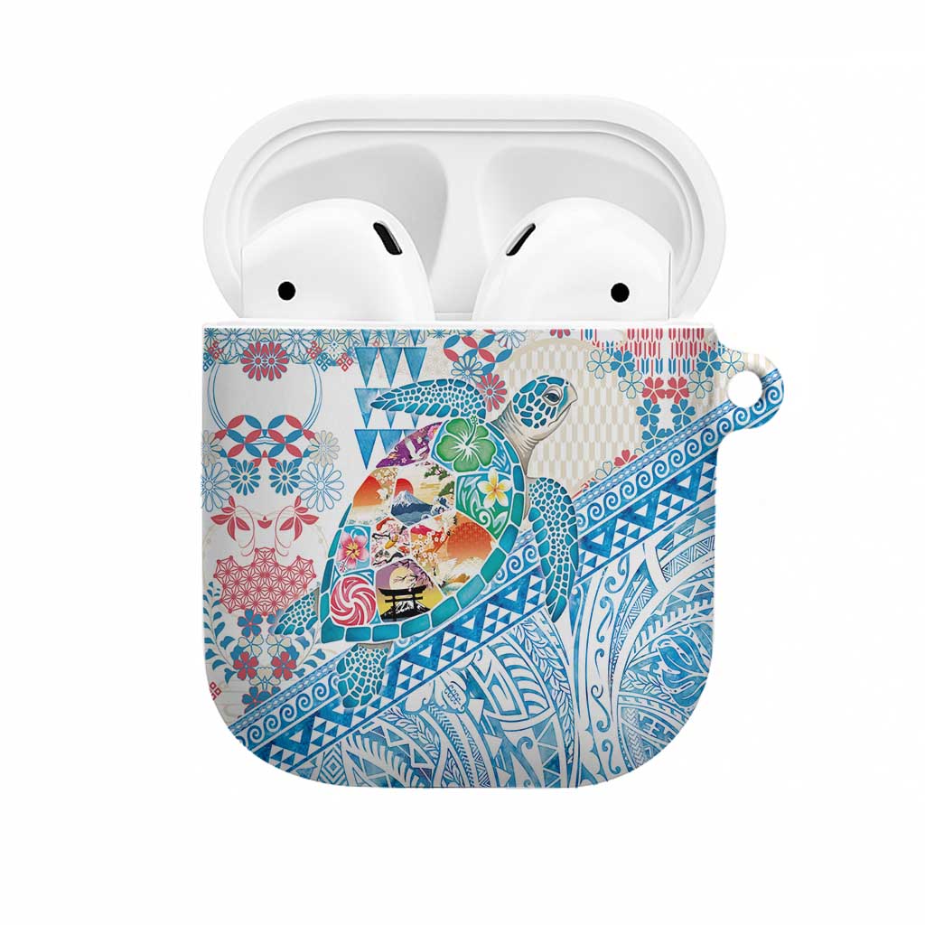 Hawaiian and Japanese Culture Together AirPods Case Tropical Honu with Japanese Elements Blue Color