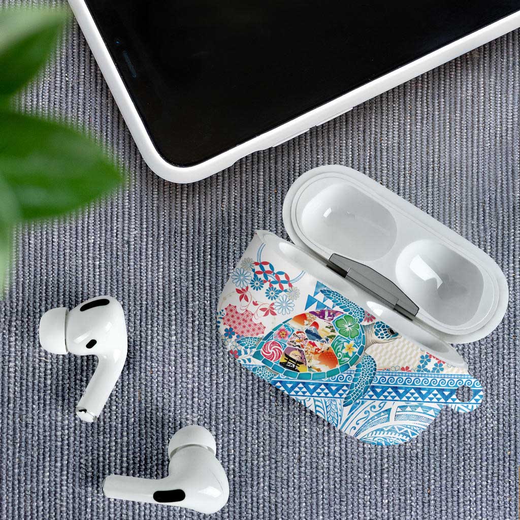 Hawaiian and Japanese Culture Together AirPods Case Tropical Honu with Japanese Elements Blue Color