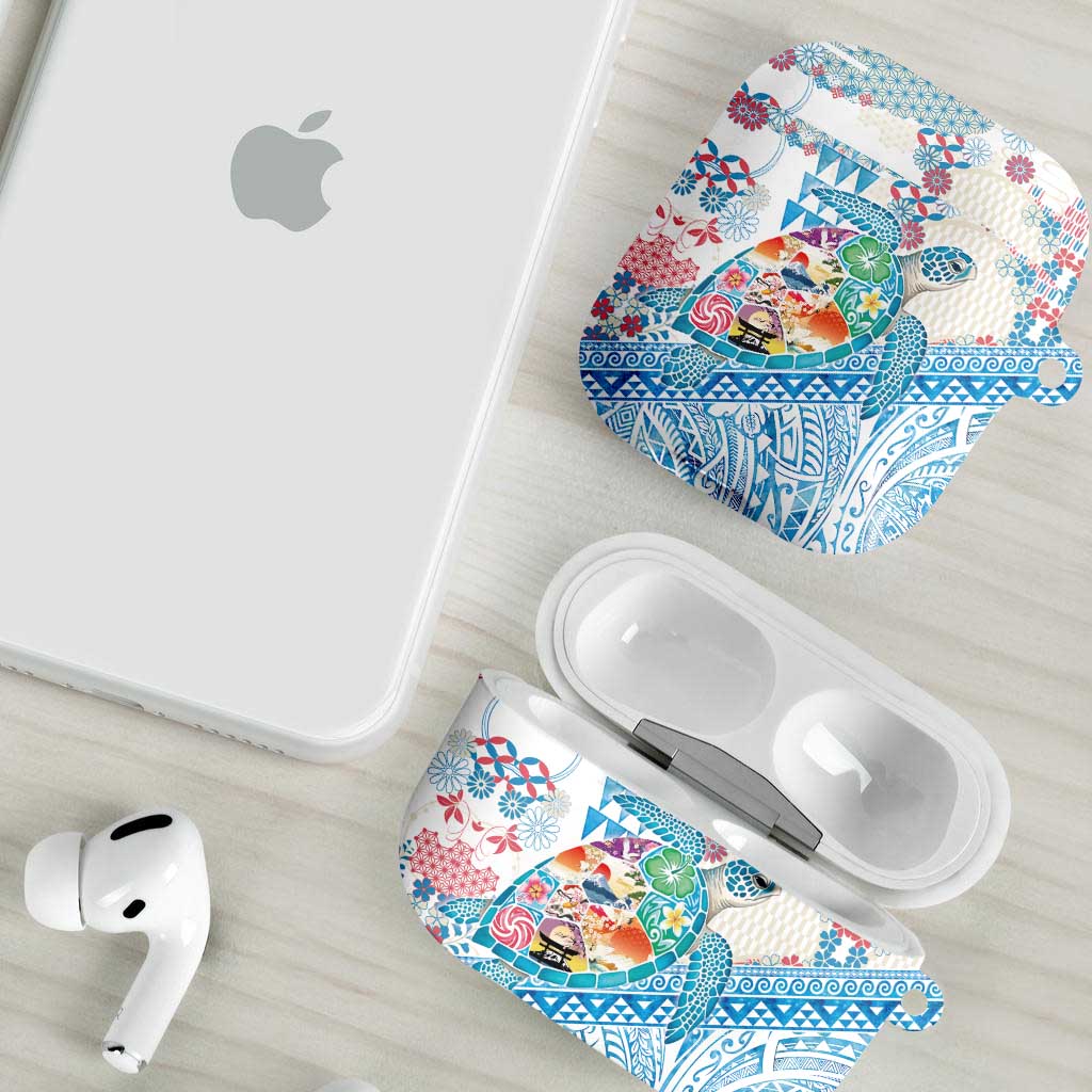 Hawaiian and Japanese Culture Together AirPods Case Tropical Honu with Japanese Elements Blue Color