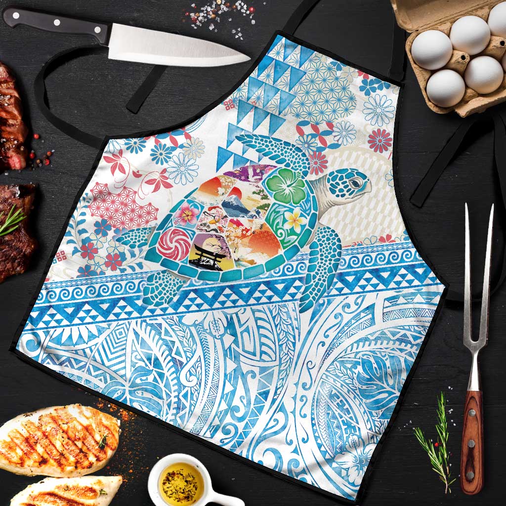 Hawaiian and Japanese Culture Together Apron Tropical Honu with Japanese Elements Blue Color LT03 Blue - Polynesian Pride