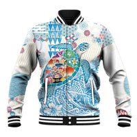 Hawaiian and Japanese Culture Together Baseball Jacket Tropical Honu with Japanese Elements Blue Color LT03 Unisex Blue - Polynesian Pride