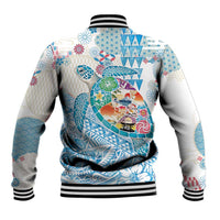 Hawaiian and Japanese Culture Together Baseball Jacket Tropical Honu with Japanese Elements Blue Color LT03 - Polynesian Pride