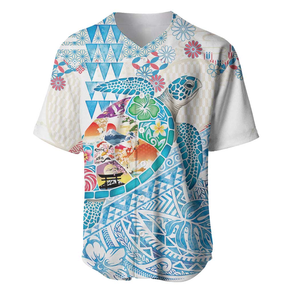 Hawaiian and Japanese Culture Together Baseball Jersey Tropical Honu with Japanese Elements Blue Color LT03 Blue - Polynesian Pride