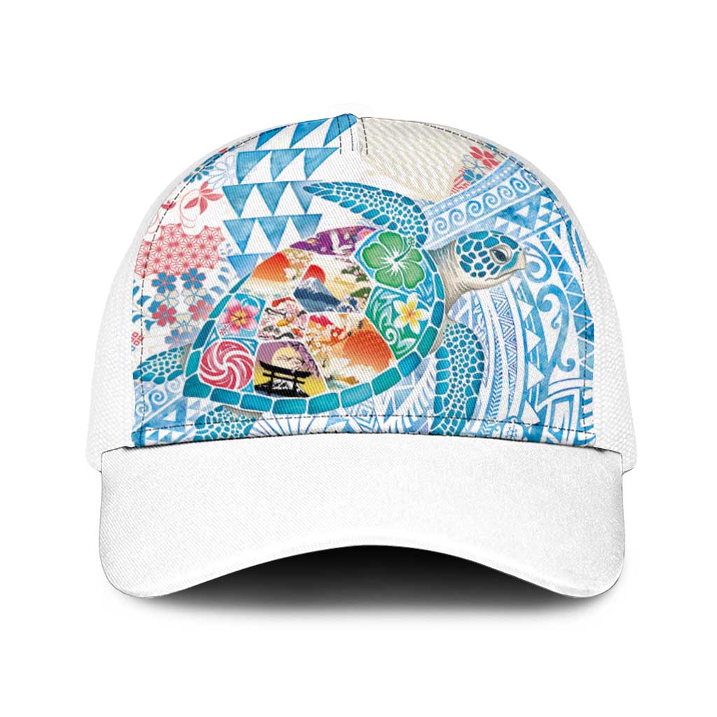 Hawaiian and Japanese Culture Together Baseball Net Cap Tropical Honu with Japanese Elements Blue Color LT03 One Size White Blue - Polynesian Pride