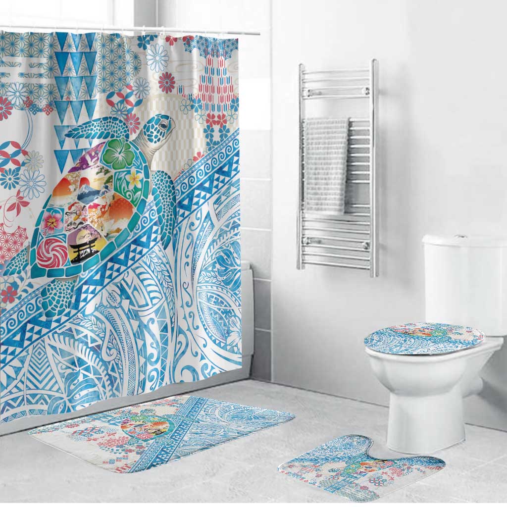 Hawaiian and Japanese Culture Together Bathroom Set Tropical Honu with Japanese Elements Blue Color LT03 Bathroom Set (4 pcs) Blue - Polynesian Pride