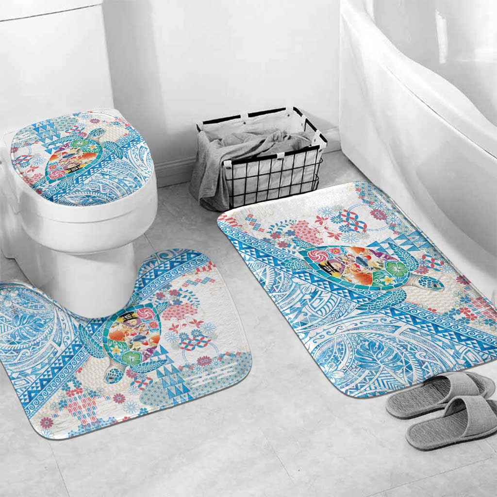 Hawaiian and Japanese Culture Together Bathroom Set Tropical Honu with Japanese Elements Blue Color LT03 Mat Set Only (3 pcs) One Size Blue - Polynesian Pride