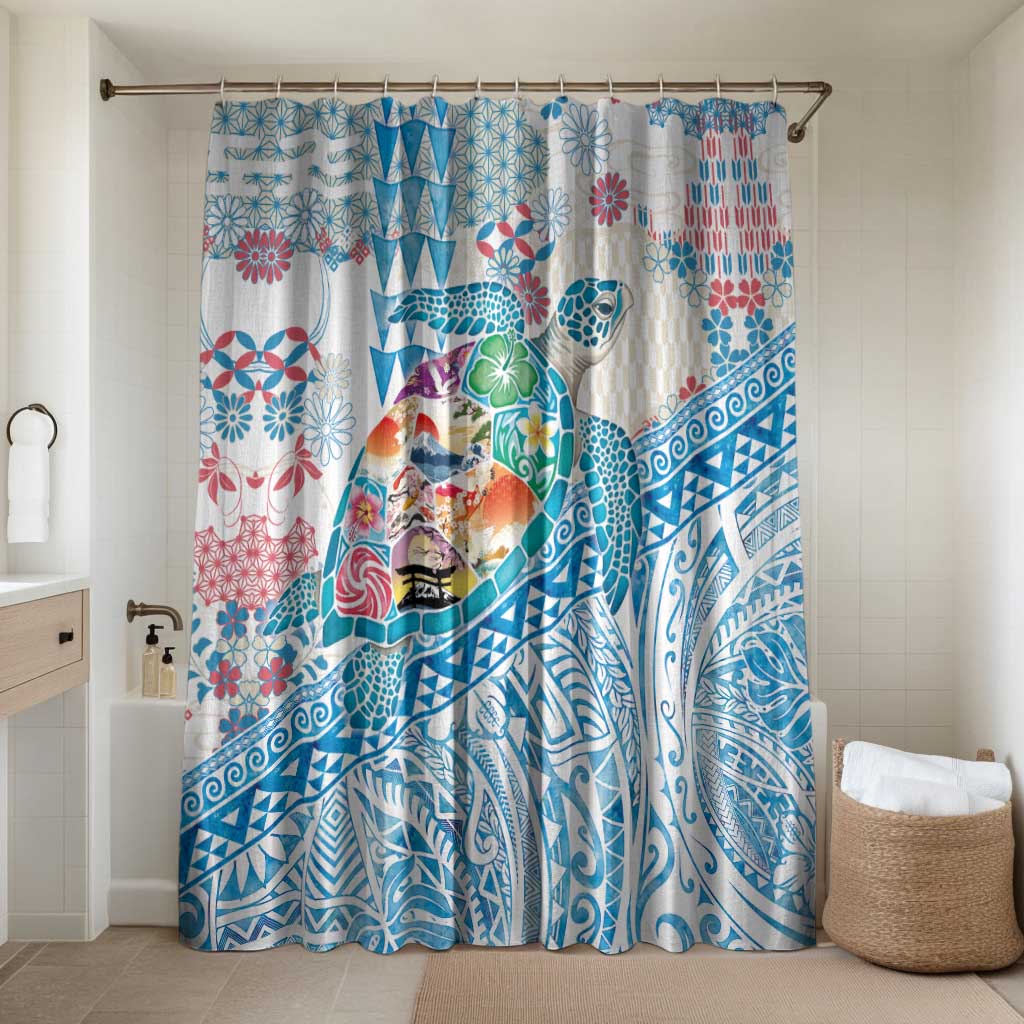 Hawaiian and Japanese Culture Together Bathroom Set Tropical Honu with Japanese Elements Blue Color LT03 Shower Curtain Only Blue - Polynesian Pride