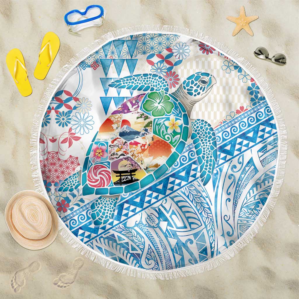 Hawaiian and Japanese Culture Together Beach Blanket Tropical Honu with Japanese Elements Blue Color LT03 One Size 150cm Blue - Polynesian Pride