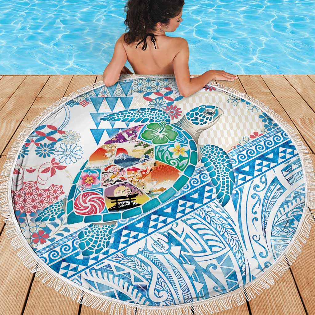 Hawaiian and Japanese Culture Together Beach Blanket Tropical Honu with Japanese Elements Blue Color LT03 - Polynesian Pride