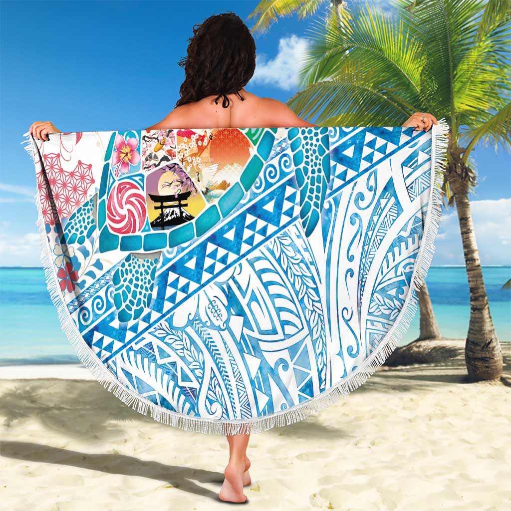 Hawaiian and Japanese Culture Together Beach Blanket Tropical Honu with Japanese Elements Blue Color LT03 - Polynesian Pride