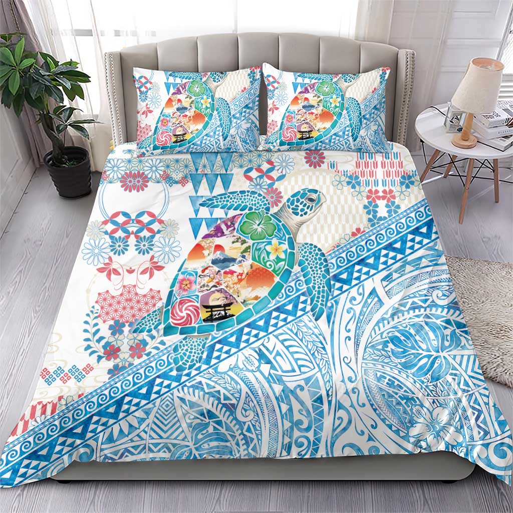 Hawaiian and Japanese Culture Together Bedding Set Tropical Honu with Japanese Elements Blue Color LT03 - Polynesian Pride