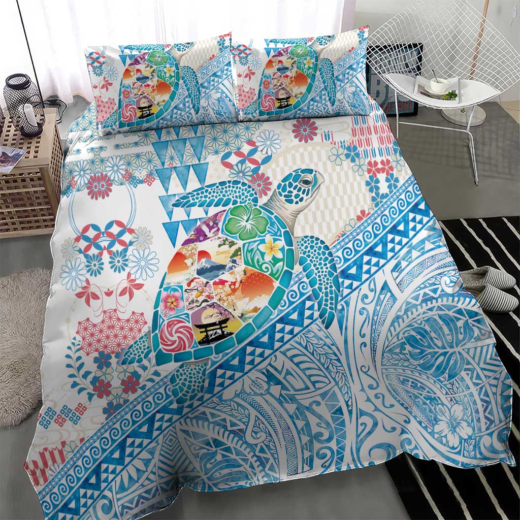Hawaiian and Japanese Culture Together Bedding Set Tropical Honu with Japanese Elements Blue Color LT03 - Polynesian Pride