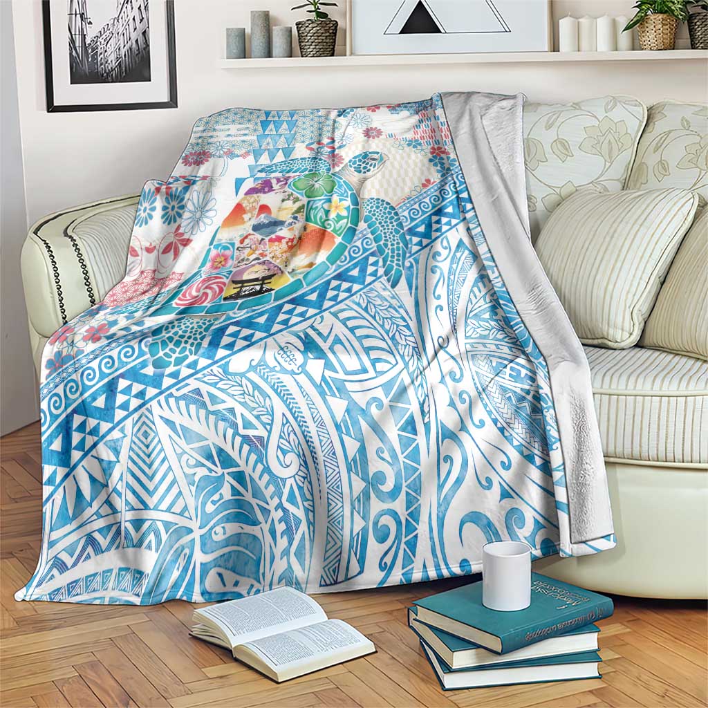 Hawaiian and Japanese Culture Together Blanket Tropical Honu with Japanese Elements Blue Color LT03 Blue - Polynesian Pride
