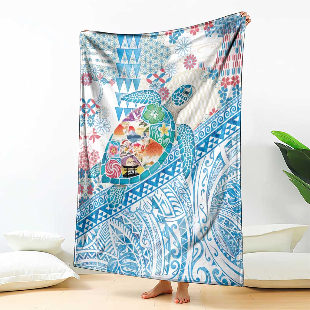 Hawaiian and Japanese Culture Together Blanket Tropical Honu with Japanese Elements Blue Color LT03 - Polynesian Pride