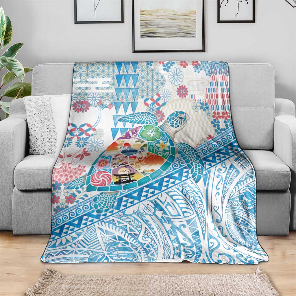 Hawaiian and Japanese Culture Together Blanket Tropical Honu with Japanese Elements Blue Color LT03 - Polynesian Pride