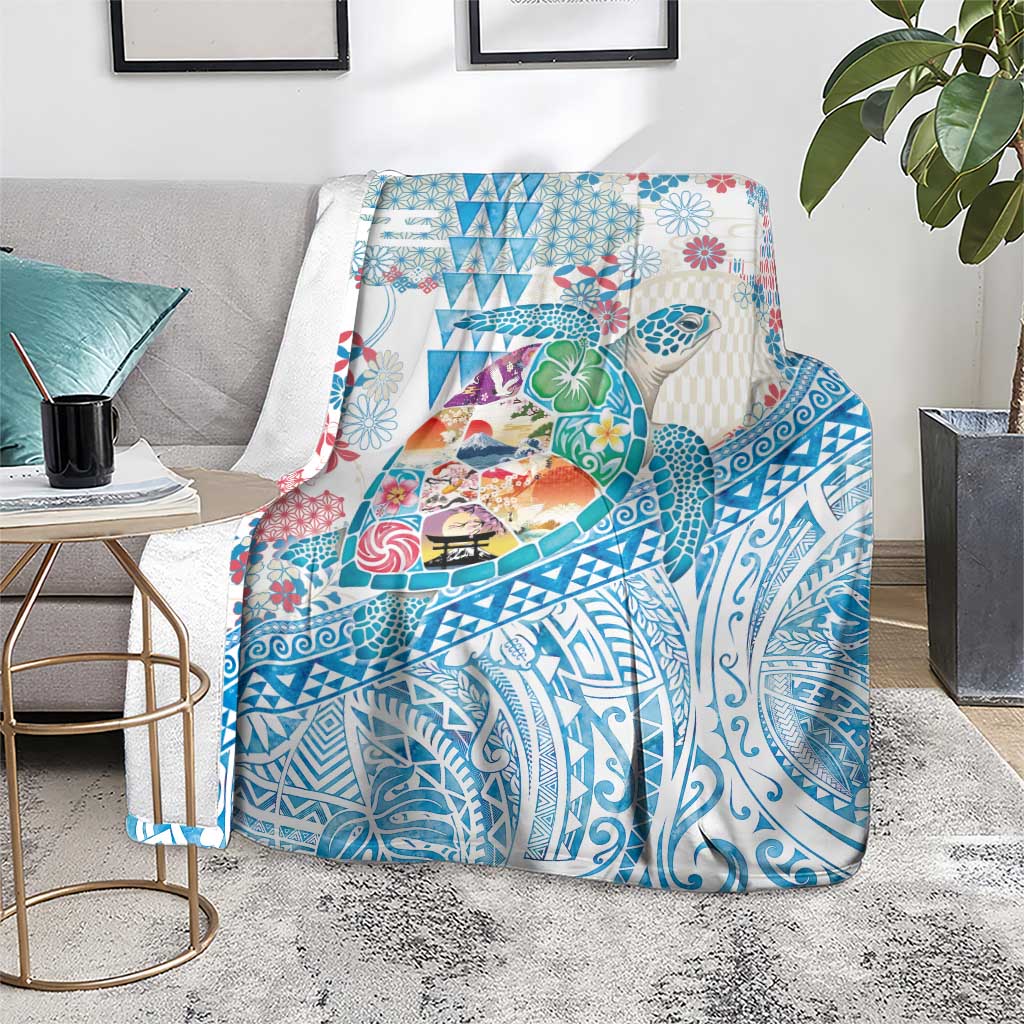 Hawaiian and Japanese Culture Together Blanket Tropical Honu with Japanese Elements Blue Color LT03 - Polynesian Pride