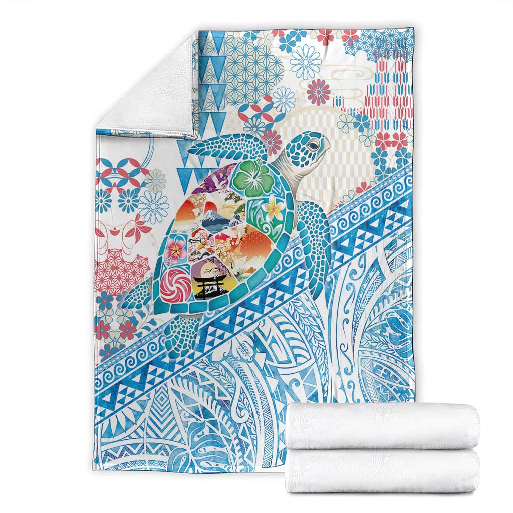 Hawaiian and Japanese Culture Together Blanket Tropical Honu with Japanese Elements Blue Color LT03 - Polynesian Pride