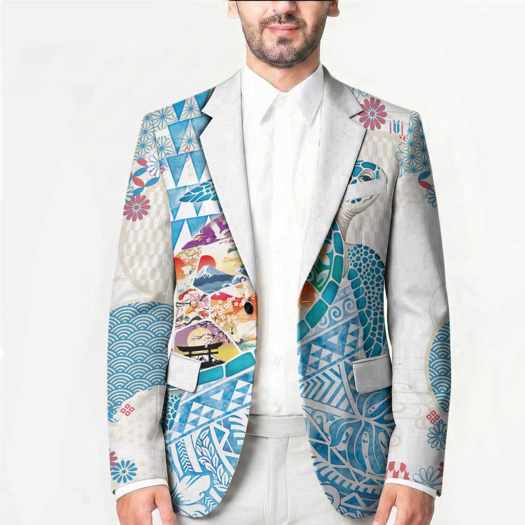 Hawaiian and Japanese Culture Together Blazer Tropical Honu with Japanese Elements Blue Color LT03 - Polynesian Pride