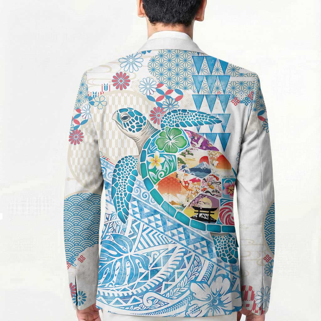 Hawaiian and Japanese Culture Together Blazer Tropical Honu with Japanese Elements Blue Color LT03 - Polynesian Pride