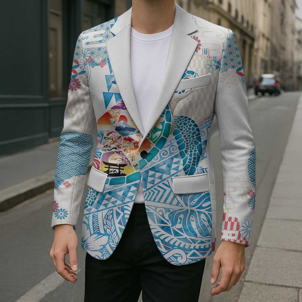 Hawaiian and Japanese Culture Together Blazer Tropical Honu with Japanese Elements Blue Color LT03 - Polynesian Pride