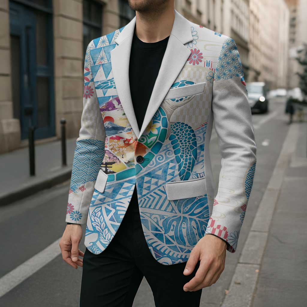 Hawaiian and Japanese Culture Together Blazer Tropical Honu with Japanese Elements Blue Color LT03 - Polynesian Pride