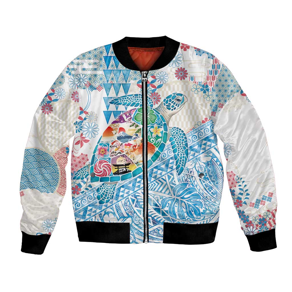 Hawaiian and Japanese Culture Together Bomber Jacket Tropical Honu with Japanese Elements Blue Color LT03 Unisex Blue - Polynesian Pride