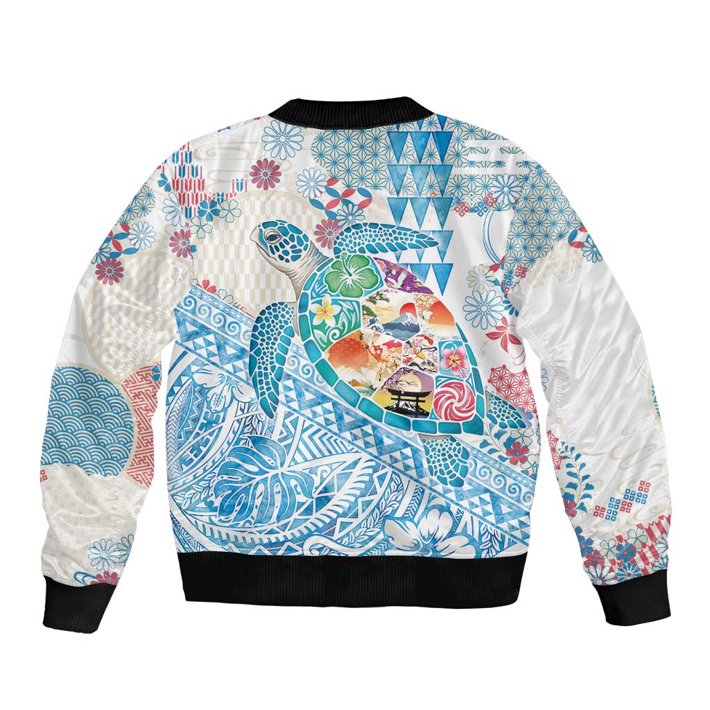 Hawaiian and Japanese Culture Together Bomber Jacket Tropical Honu with Japanese Elements Blue Color LT03 - Polynesian Pride
