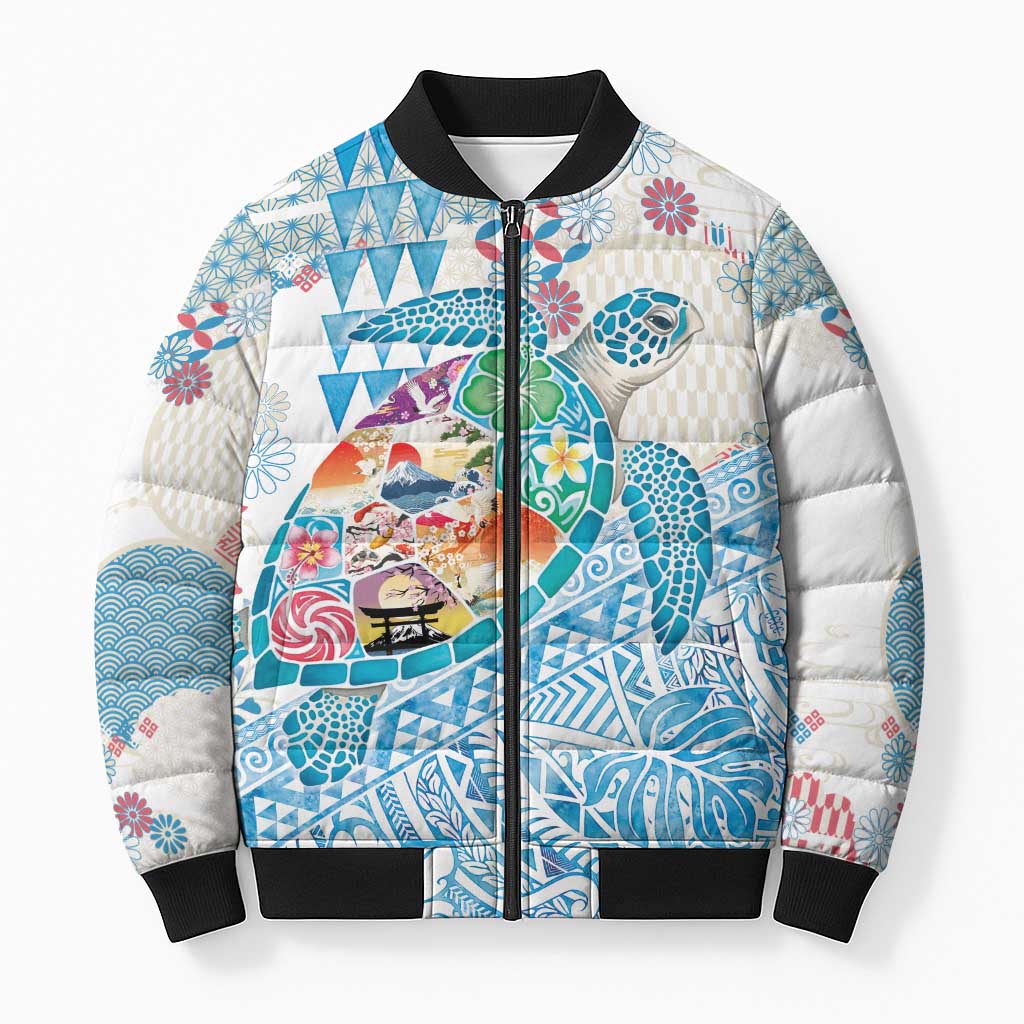 Hawaiian and Japanese Culture Together Bomber Puffer Jacket Tropical Honu with Japanese Elements Blue Color LT03 Unisex Blue - Polynesian Pride