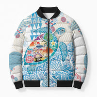 Hawaiian and Japanese Culture Together Bomber Puffer Jacket Tropical Honu with Japanese Elements Blue Color LT03 Unisex Blue - Polynesian Pride