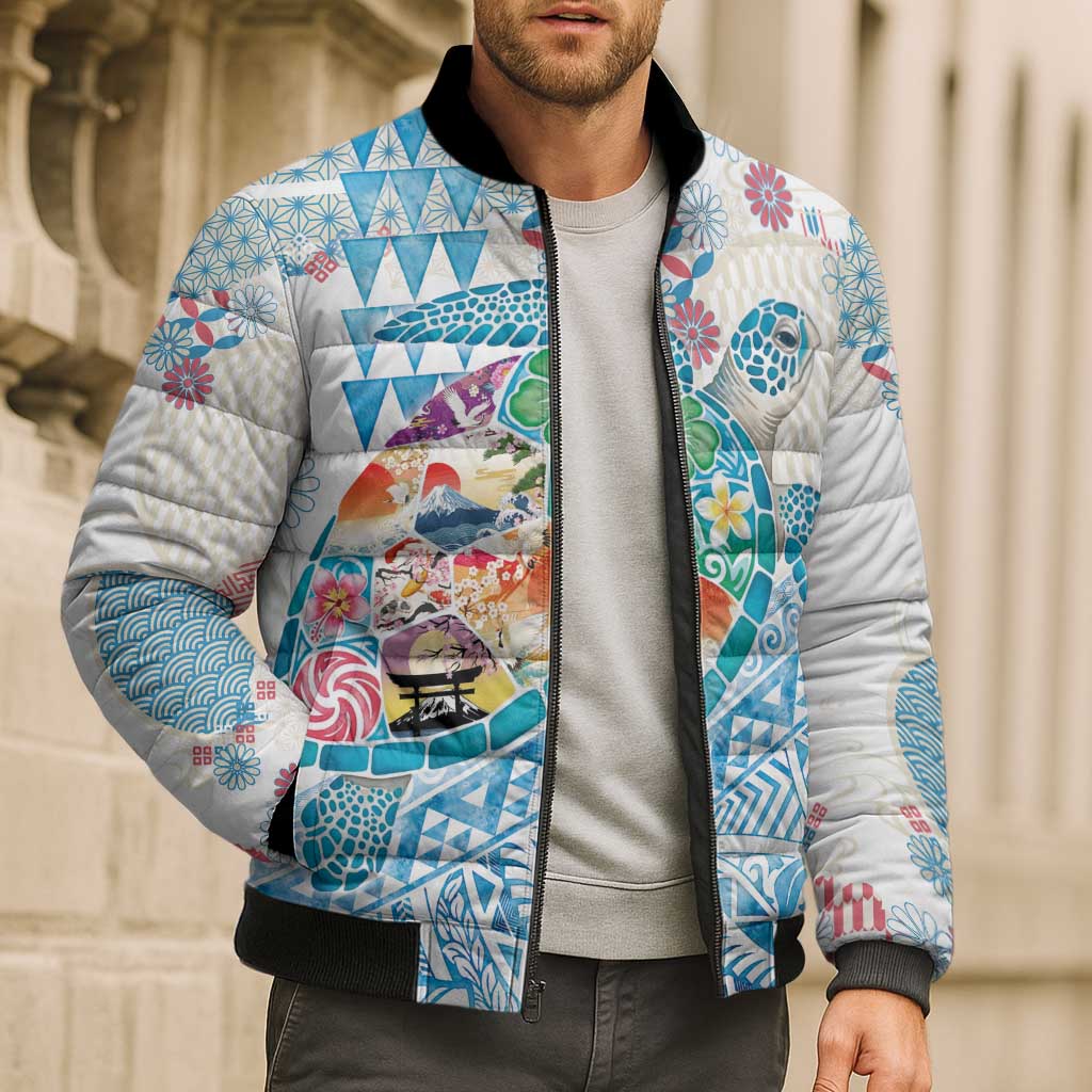 Hawaiian and Japanese Culture Together Bomber Puffer Jacket Tropical Honu with Japanese Elements Blue Color LT03 - Polynesian Pride