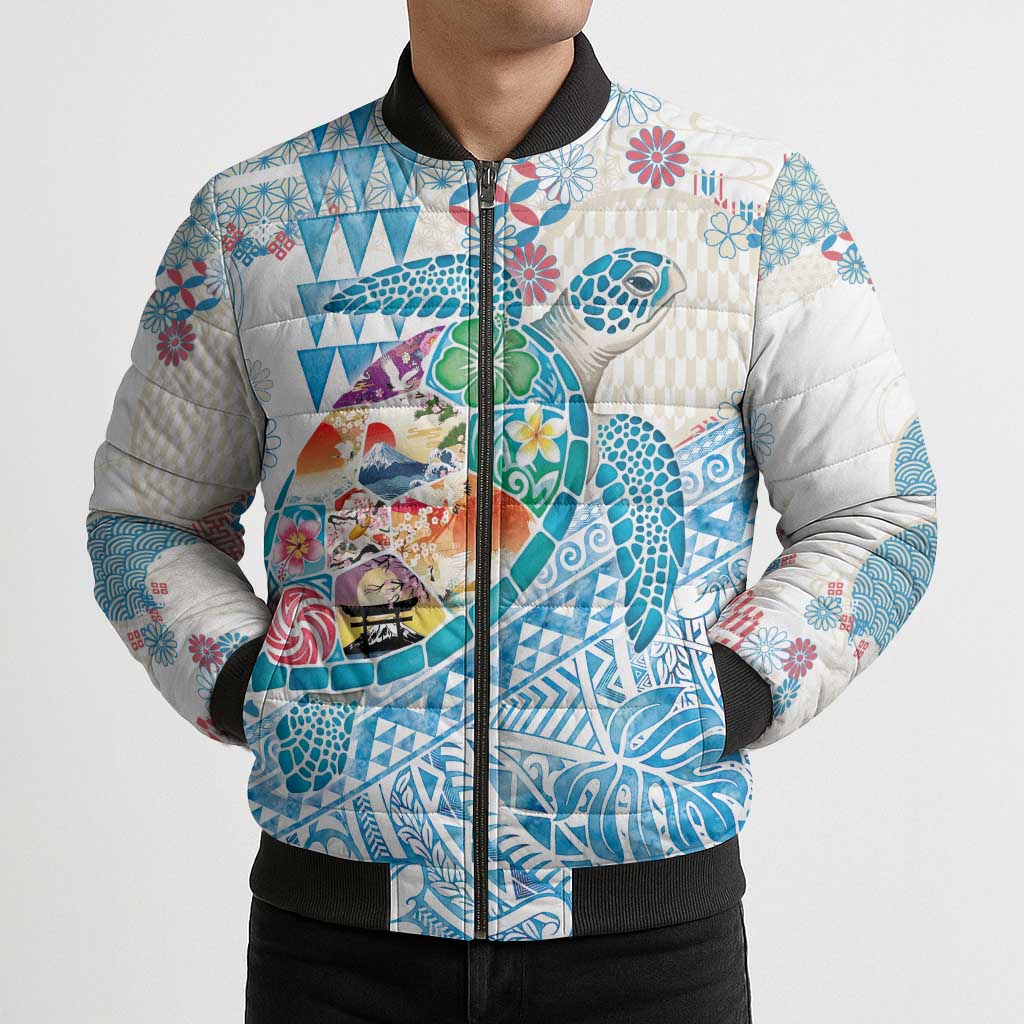 Hawaiian and Japanese Culture Together Bomber Puffer Jacket Tropical Honu with Japanese Elements Blue Color LT03 - Polynesian Pride